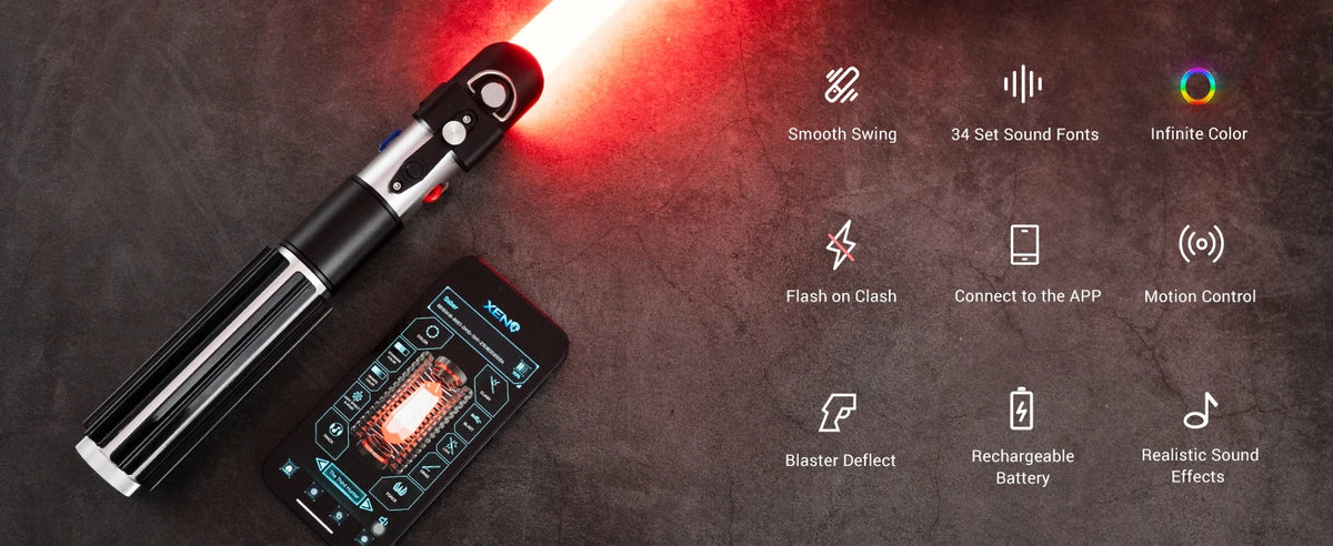 A lightsaber and a smartphone are displayed with various features like smooth swing, sound fonts, color options, and motion c