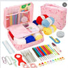 A pink organizer case holds a 59-piece beginner crochet kit including various needles and yarn.