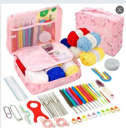 A pink organizer case holds a 59-piece beginner crochet kit including various needles and yarn.