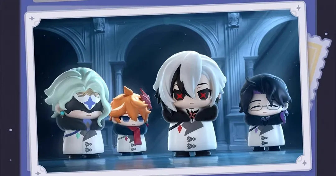 A set of chibi figurines depicting four Fatui Harbingers with white hair and dark clothing in a display box.