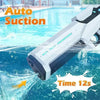 A white electric water suction device is shown spraying water into a pool, with text indicating it takes 12 seconds.