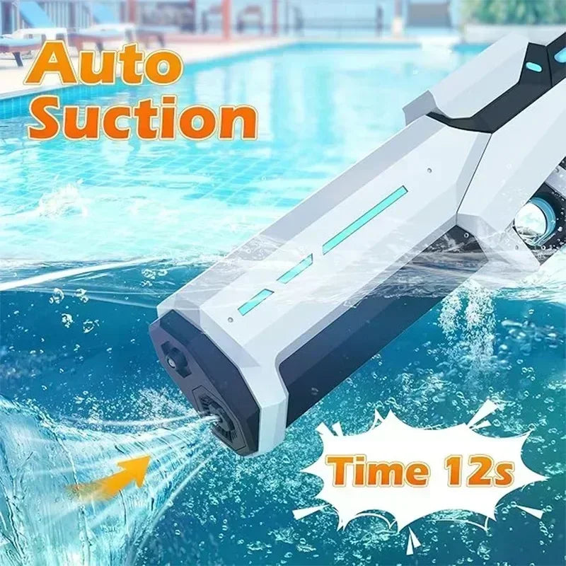 A white electric water suction device is shown spraying water into a pool, with text indicating it takes 12 seconds.