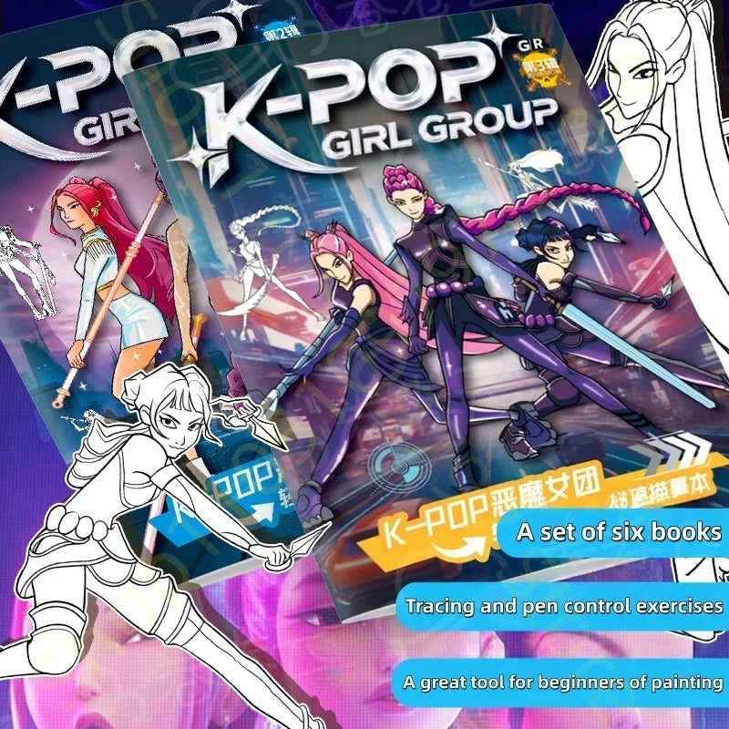 A set of six K-Pop girl group coloring books featuring anime characters in various poses and themes.