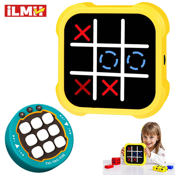 A yellow portable Tic Tac Toe game board and a separate green game board are shown.