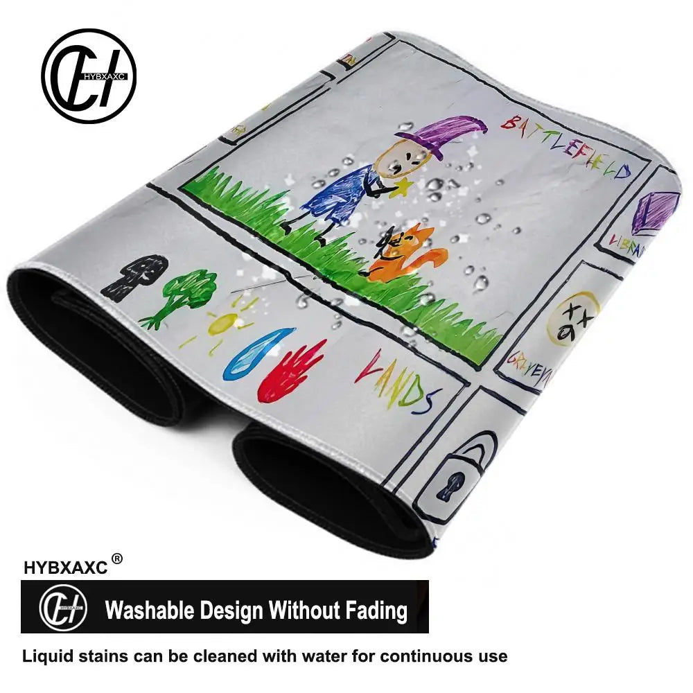 A gray gaming mouse pad featuring a landscape design with stitched edges and a logo.