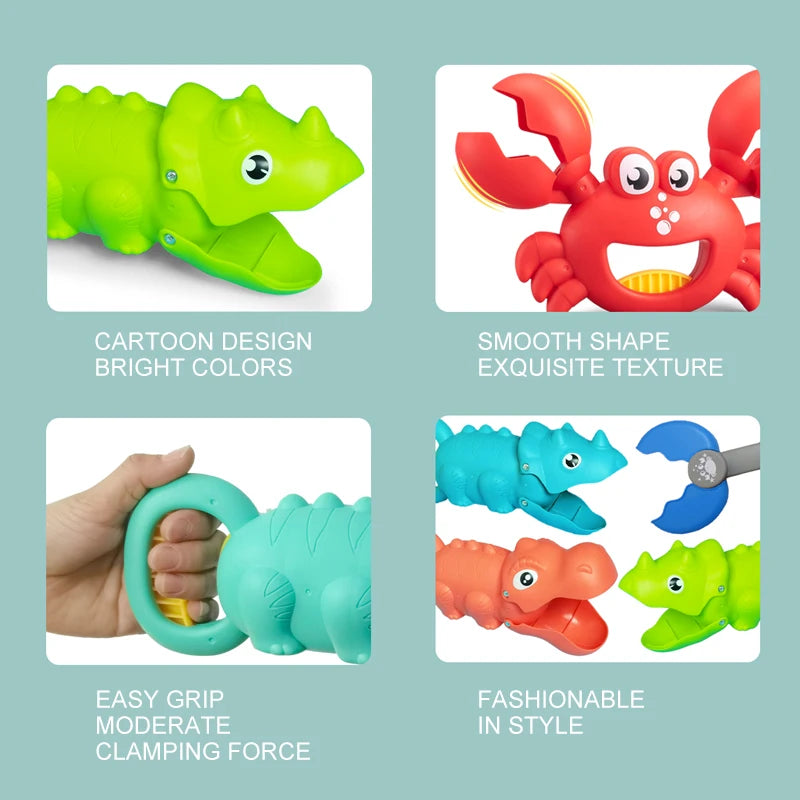 Kids beach toy set featuring a bright green dinosaur and a red crab claw tool