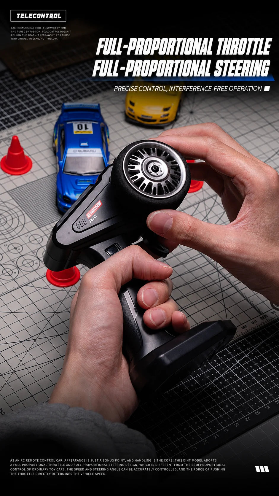 A hand holds a black RC throttle and steering wheel for a full-proportional control system.