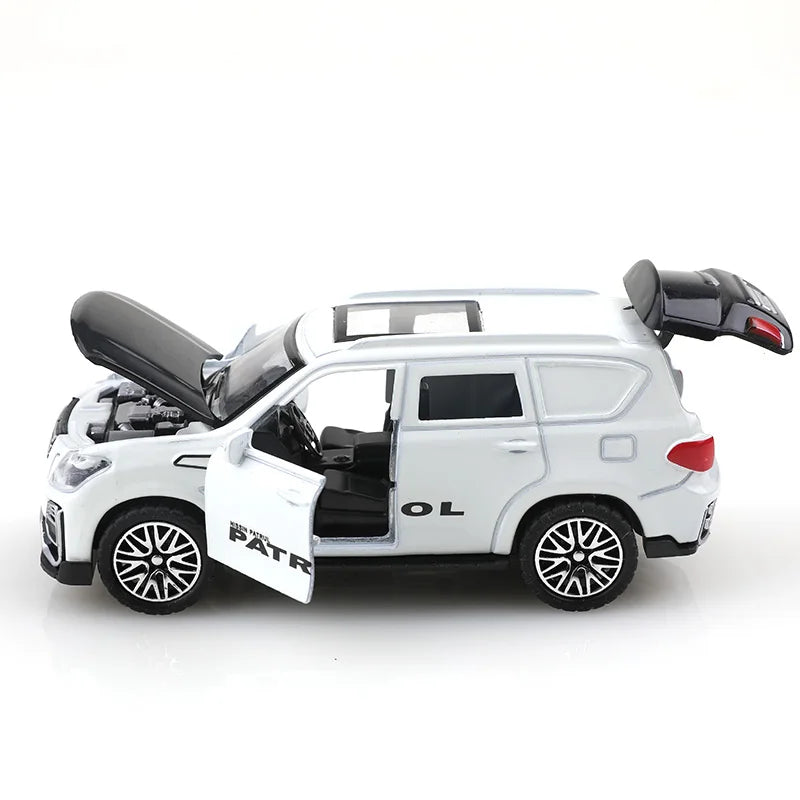 A white 1:36 scale die-cast metal SUV toy with opening doors and pull-back action.