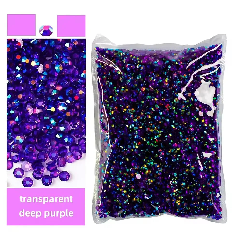 Bag of transparent deep purple AB-coated resin rhinestones for crafts and DIY projects