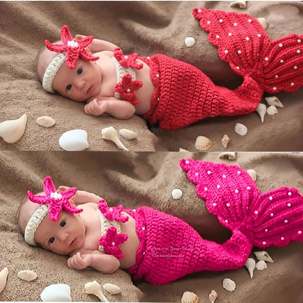 A newborn baby lying on brown fabric wearing a red knit mermaid tail skirt and a matching pearl headband.