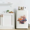 A white refrigerator features a colorful floral truck design for kids room decor.
