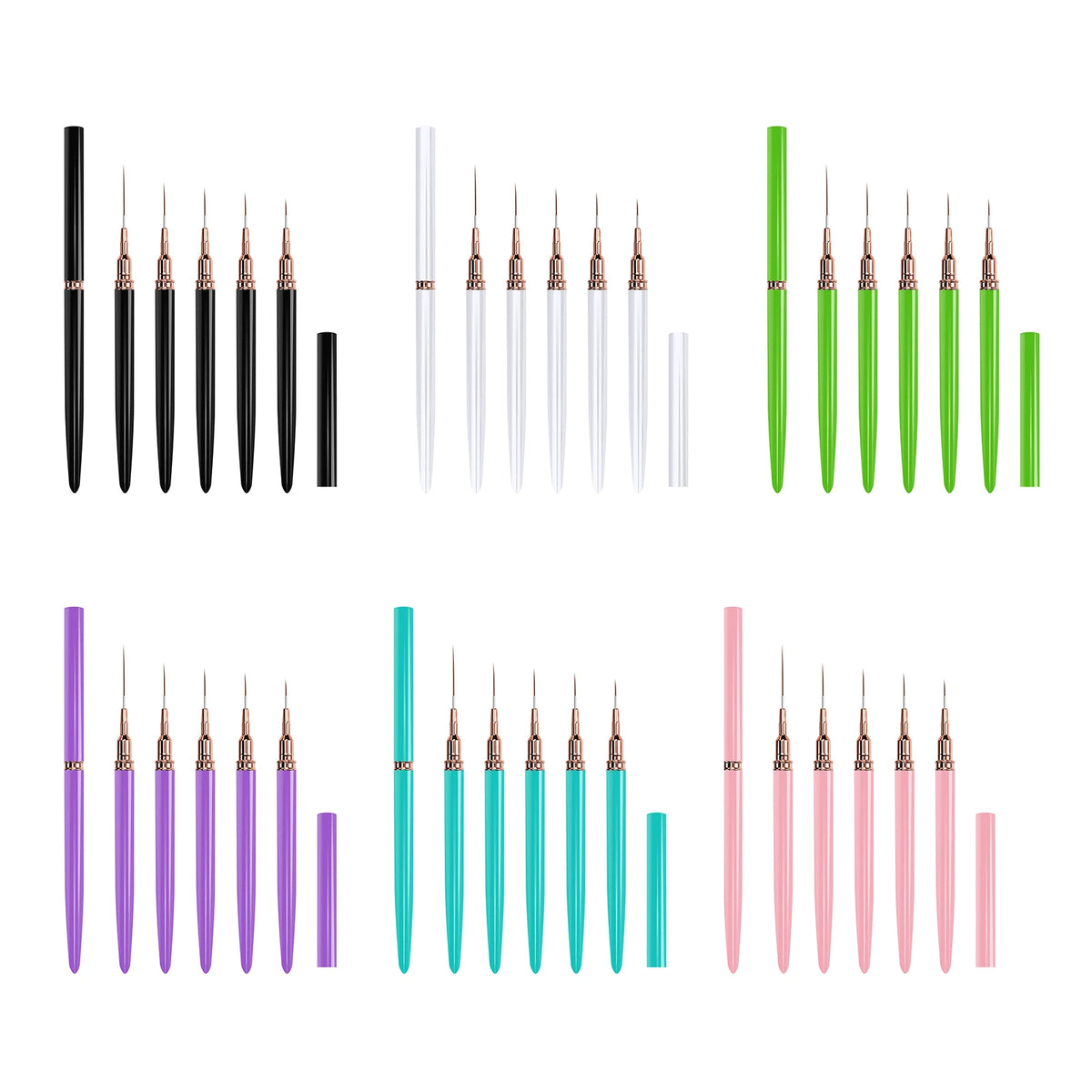 A collection of ultra-fine nail art liner brush sets in various colors including black, silver, green, and pink.