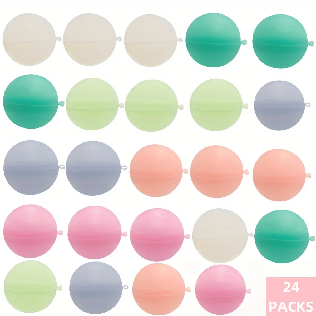 A collection of 24 reusable silicone water balloons in various shades of green, pink, and purple.