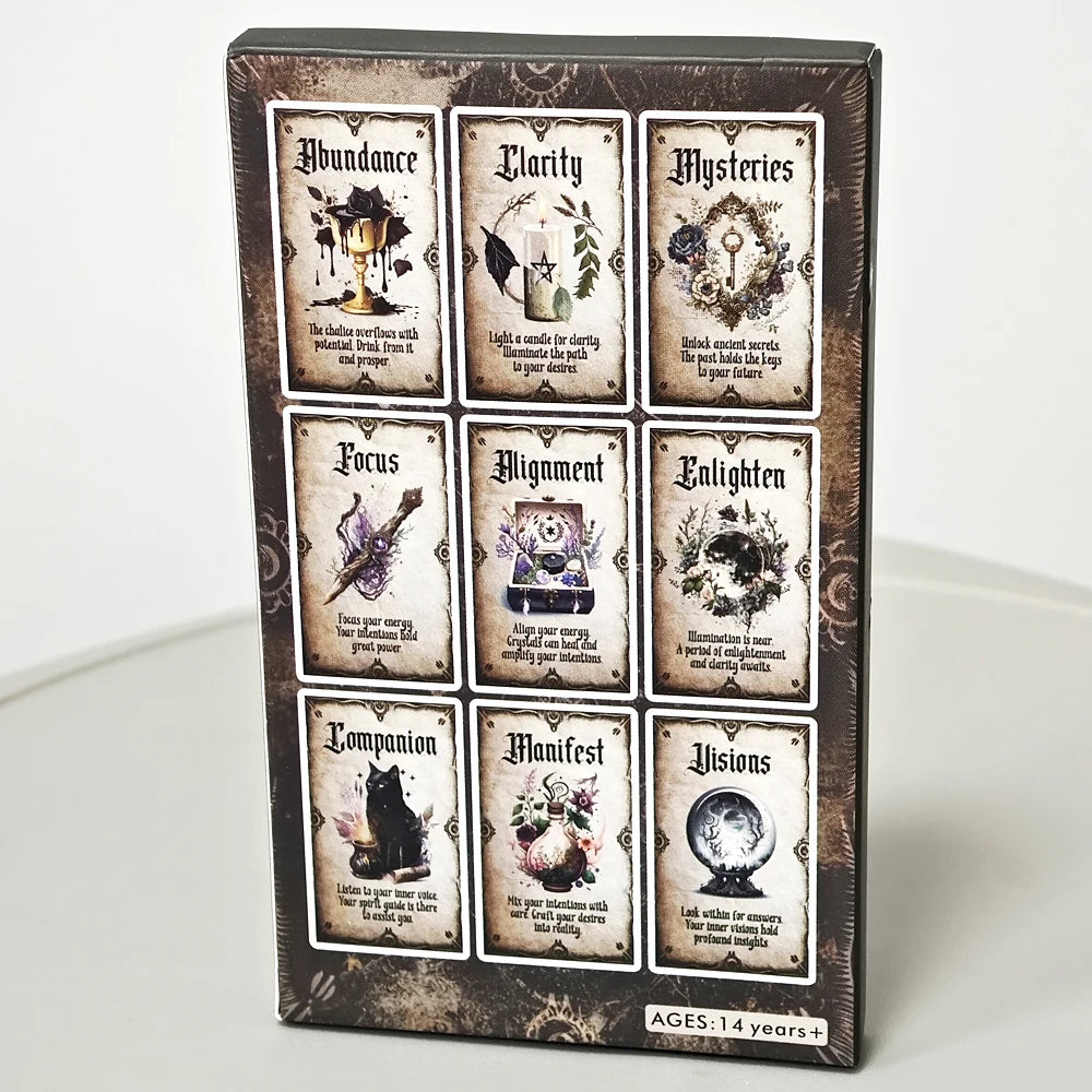 Un paquet vertical de cartes oracles de tarot avec des designs ornés et des tons sombres.