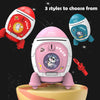Three styles of Rocket Spacecraft piggy banks featuring a cute panda design and key lock on a yellow stand.