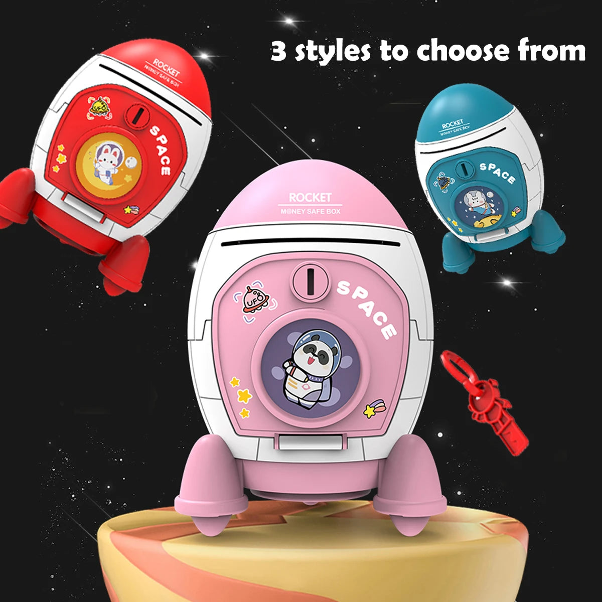 Three styles of Rocket Spacecraft piggy banks featuring a cute panda design and key lock on a yellow stand.