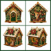 A set of DIY pearl art Christmas cottage ornaments featuring detailed wooden houses decorated with greenery and festive eleme
