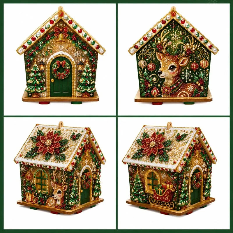 A set of DIY pearl art Christmas cottage ornaments featuring detailed wooden houses decorated with greenery and festive eleme