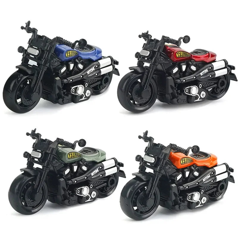 Three vintage-style pull-back motorcycle toys in black, blue, and red colors.