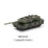 A model of a Leopard 2 tank in military camouflage and olive green colors.