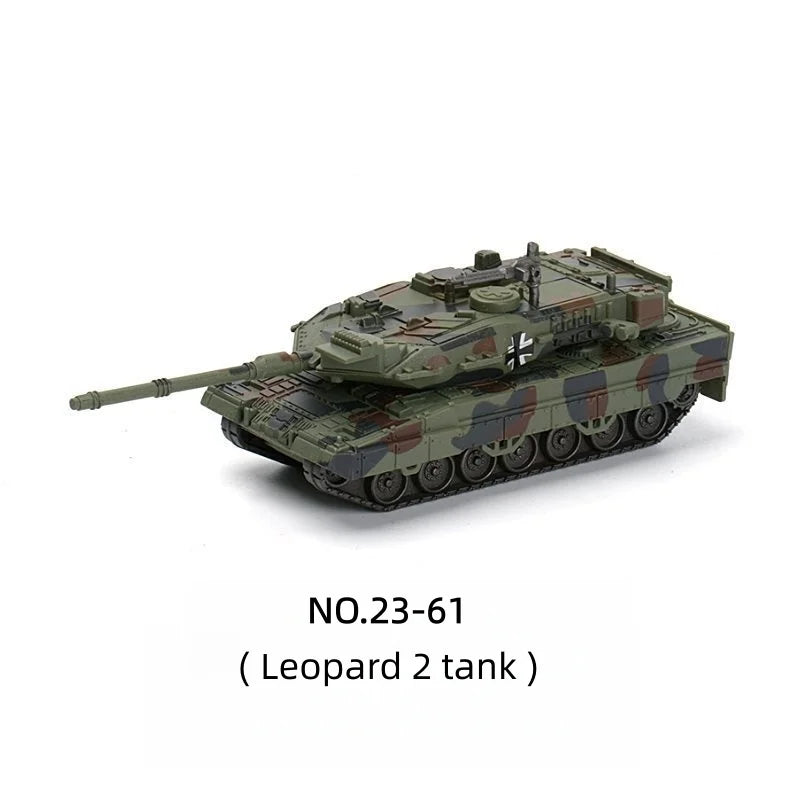 A model of a Leopard 2 tank in military camouflage and olive green colors.