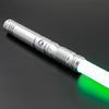 A silver lightsaber staff with a metal hilt and a glowing green blade.
