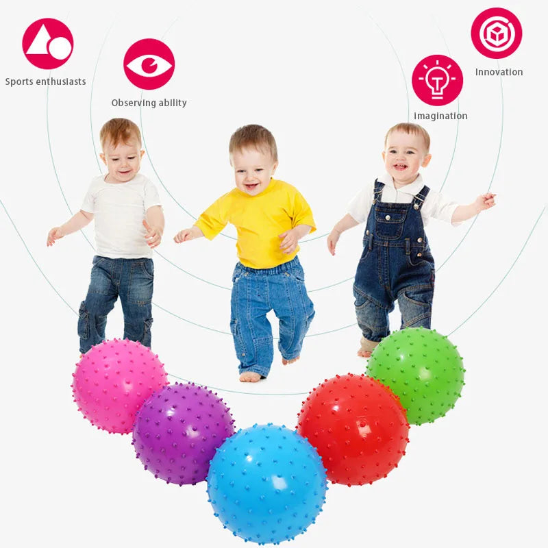 Three colorful inflatable sensory balls—pink, purple, and blue—are shown with three toddlers demonstrating observing ability.