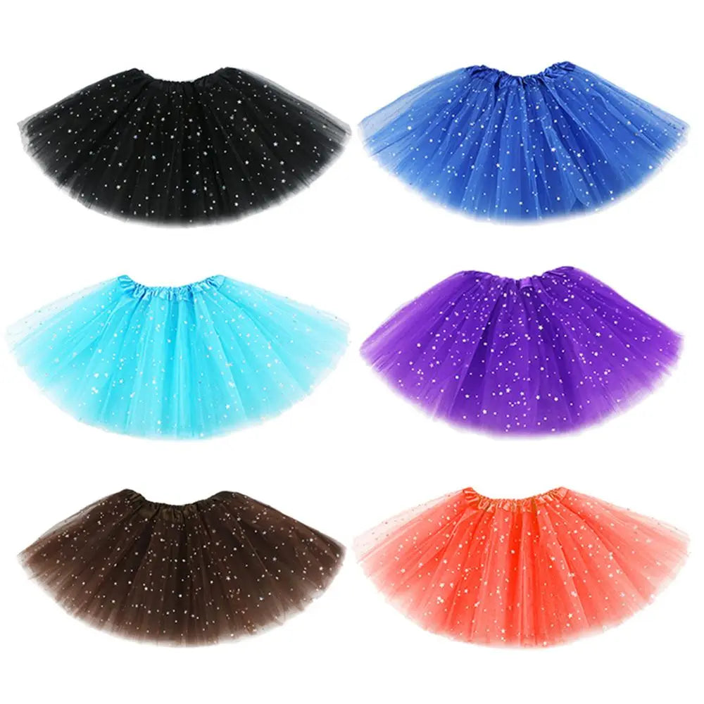 Four sparkling princess tutus dresses for girls in black, blue, cyan, purple, and orange.