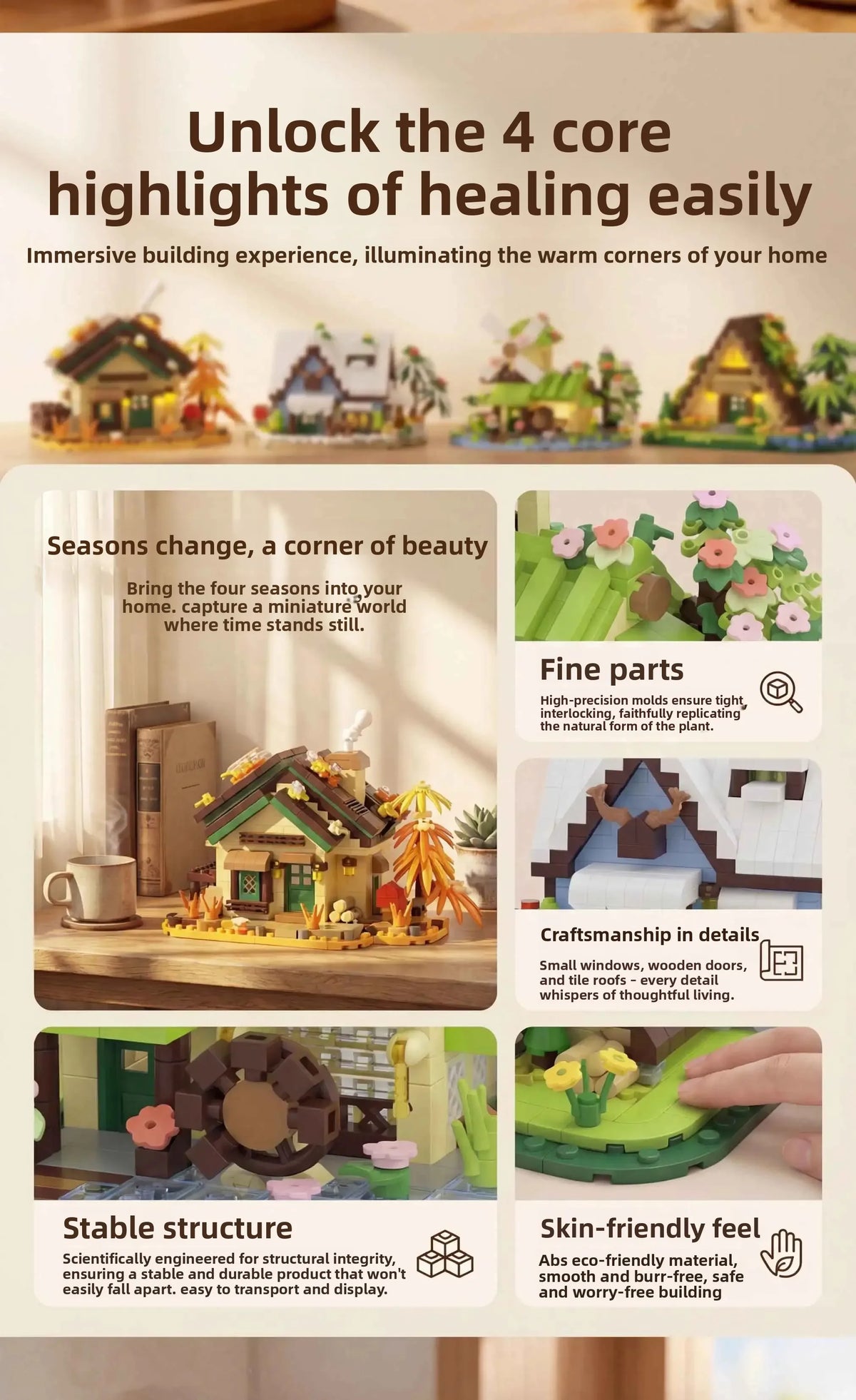 A set of wooden miniature buildings and a windmill for a healing immersive building experience.