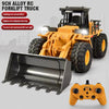 An orange alloy RC forklift truck toy vehicle with a black bucket and an orange controller.