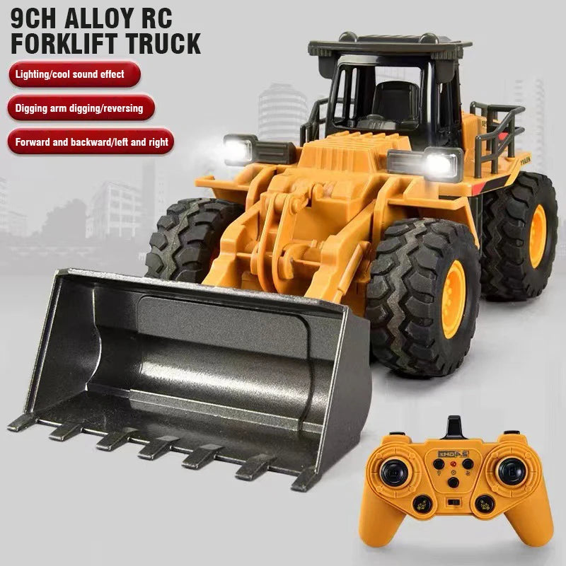 An orange alloy RC forklift truck toy vehicle with a black bucket and an orange controller.