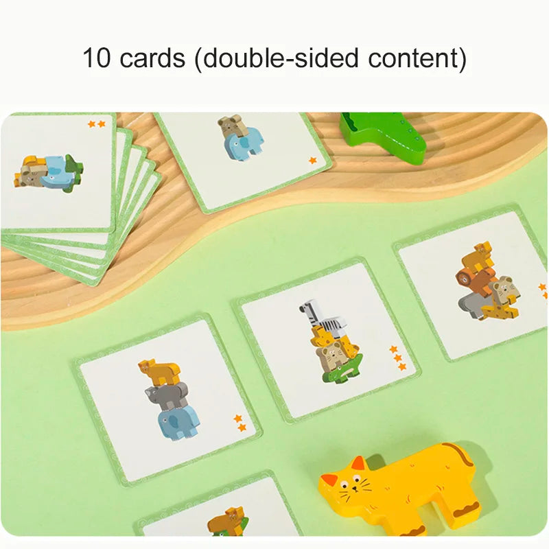A set of ten double-sided wooden cards featuring various animal shapes and colors used for a stacking balance game.
