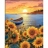 A vibrant painting depicting a sunset over the ocean with a silhouetted landscape and sunflowers in the foreground.