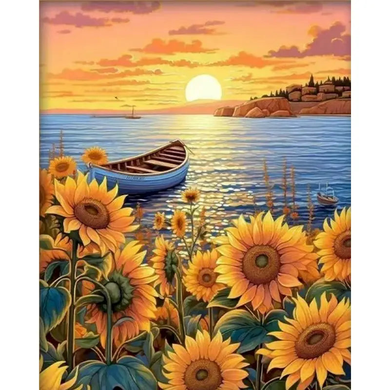 A vibrant painting depicting a sunset over the ocean with a silhouetted landscape and sunflowers in the foreground.