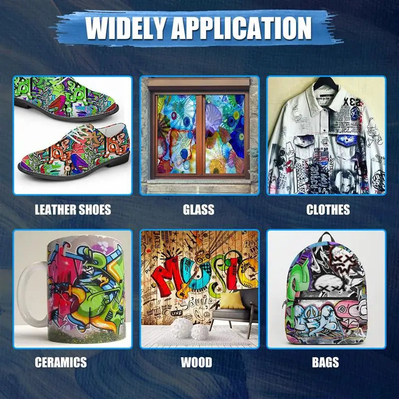 A collection of various items including leather shoes, glass, clothes, ceramics, wood, and bags, demonstrating wide applicati