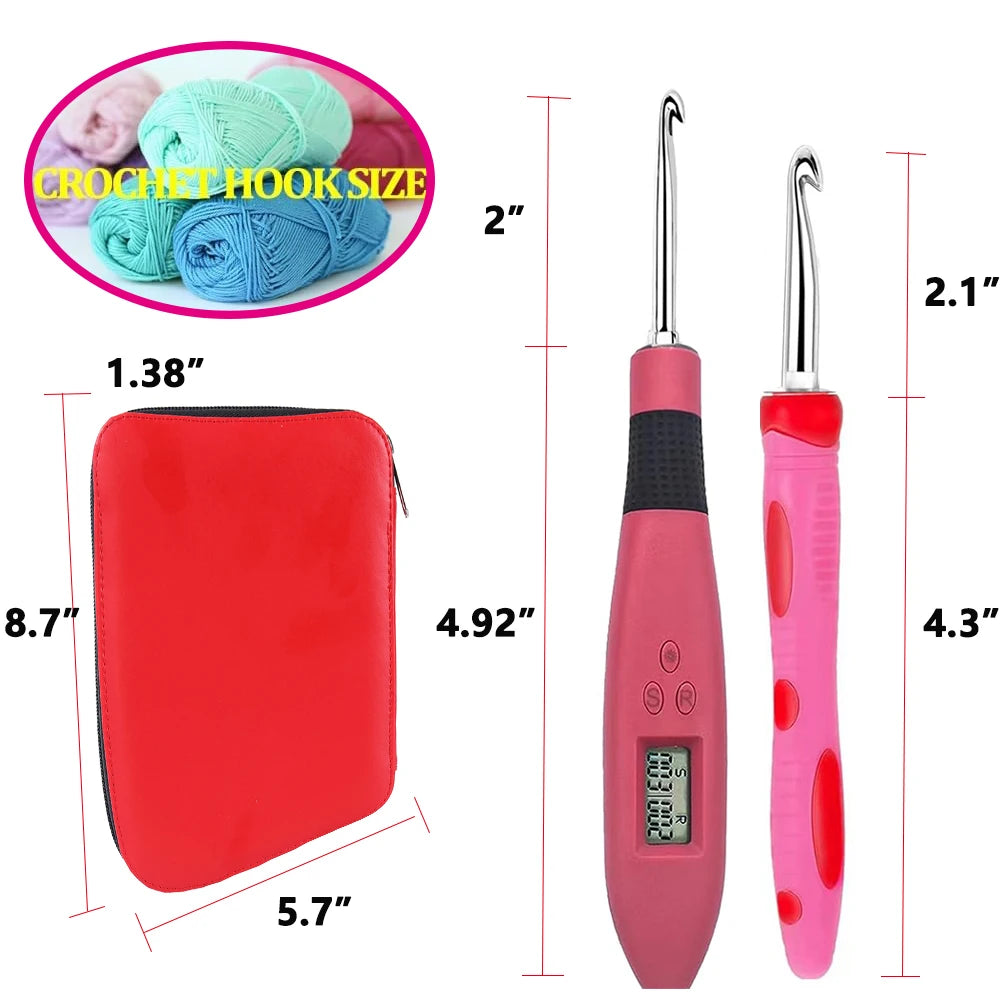 LED Lighted Crochet Hook Set with Interchangeable Heads and Built-in Stitch Counter