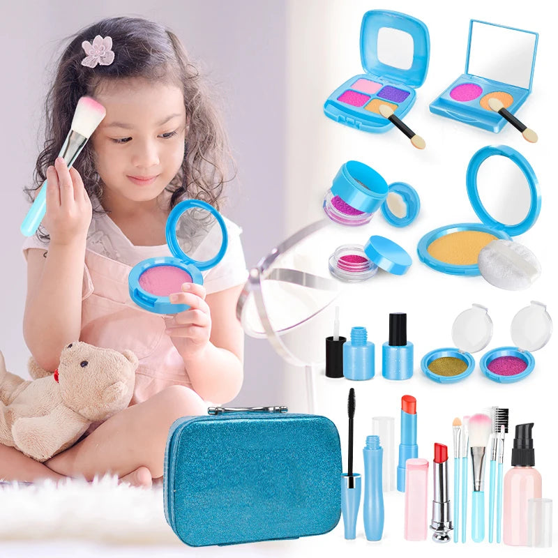 A child is using a blue makeup set and mirror with various colored cosmetics and brushes.