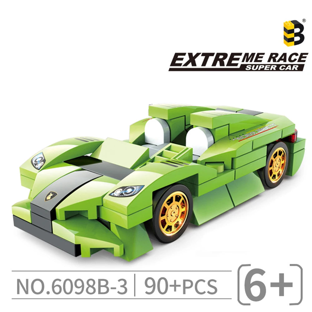A green Extreme Race Super Car building block set with black accents and yellow wheels.