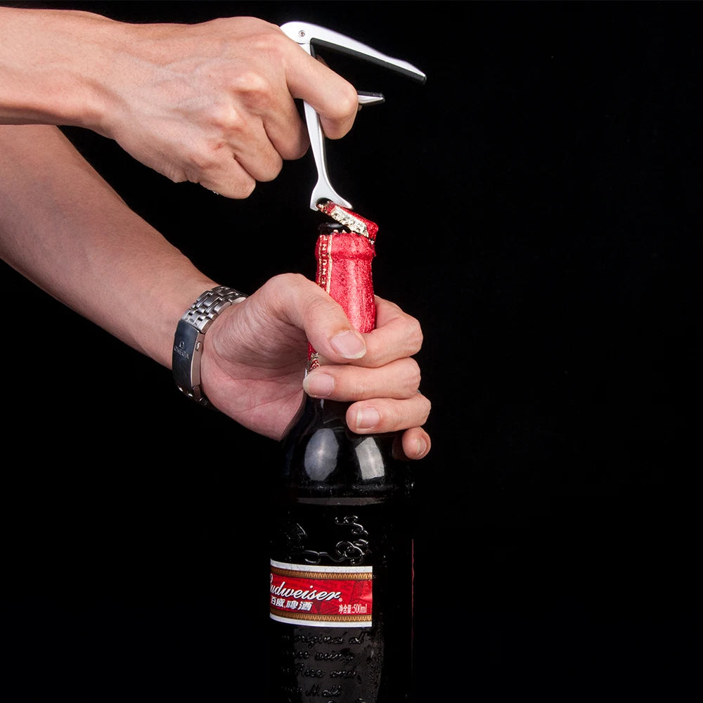 A hand is using a tool to remove the cap from a bottle of Ludwig beer.