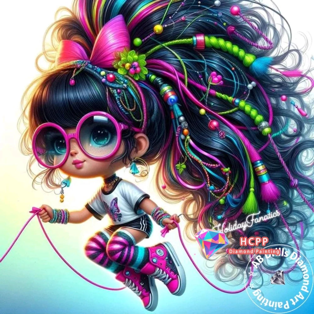 A vibrant cartoon character with long dark hair and pink accessories is shown in a diamond painting kit context.