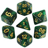 A set of green polyhedral dice showing various numbers and cosmic effects.