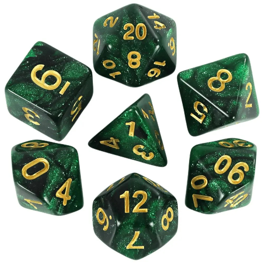 A set of green polyhedral dice showing various numbers and cosmic effects.