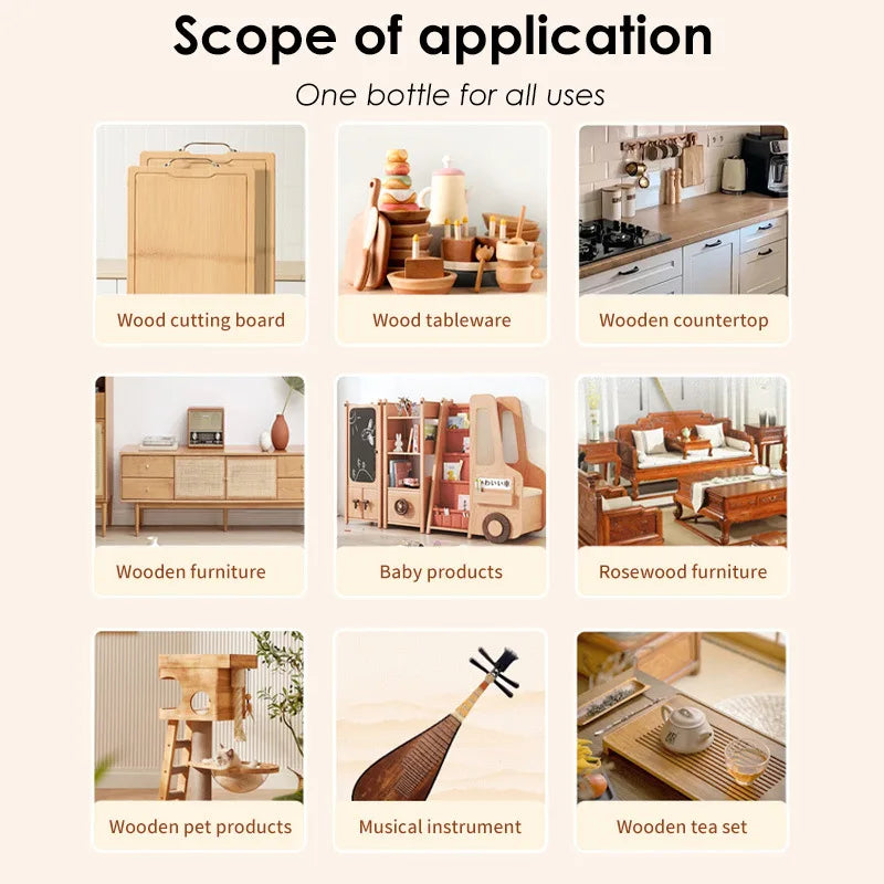 A collection of wooden products including cutting boards, tableware, furniture, baby products, musical instruments, and tea s