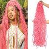 A woman models long, bright pink faux locs crochet hair with a white top and yellow accents.