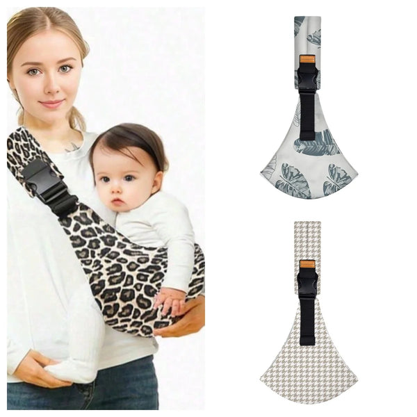 A woman is holding a baby in a portable sling carrier designed for toddlers, shown with various patterns.