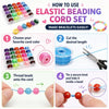 A set of elastic beading cord and beads demonstrating how to make bracelets by threading beads onto the cord.