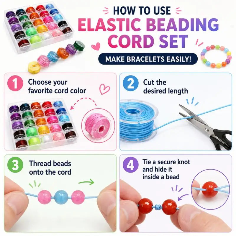 A set of elastic beading cord and beads demonstrating how to make bracelets by threading beads onto the cord.