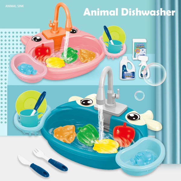 A set of pink and blue plastic animal sink dishes and accessories for a toddler kitchen play set