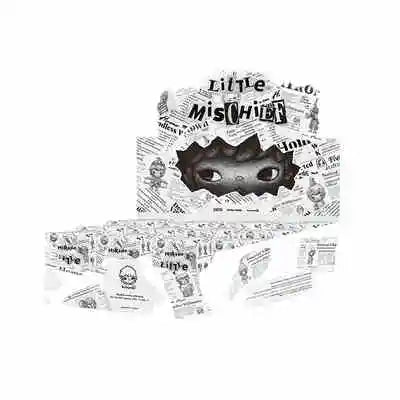 A white box featuring text and a black silhouette of a mischievous creature from the POP MART Hirono Small Mischievous Series