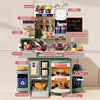 A kids pretend kitchen play set featuring storage areas like a kitchen utensil rack, coffee machine, oven, and refrigerator.